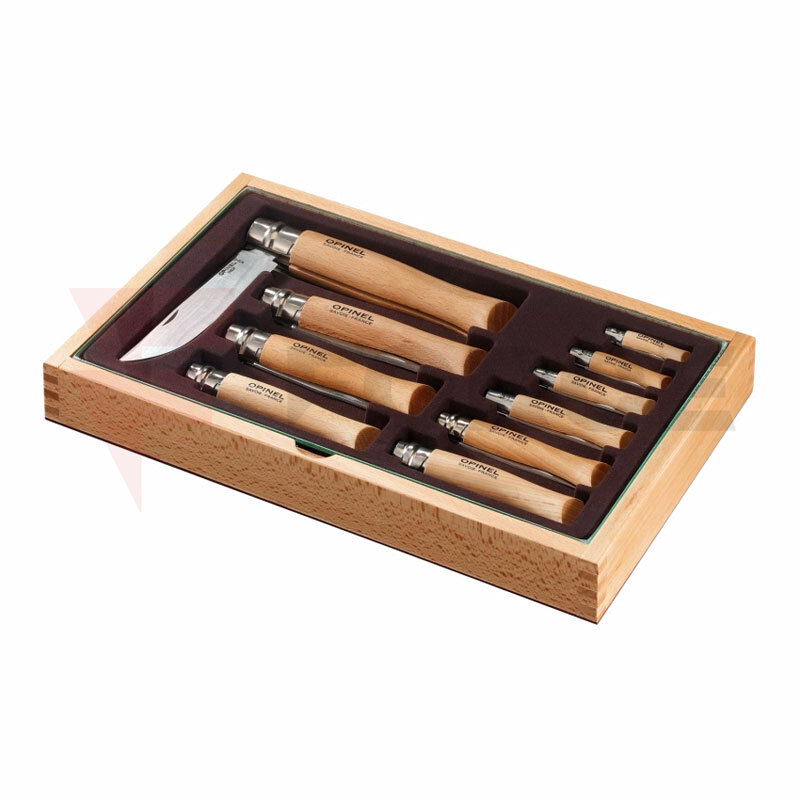 Комплект-Opinel-Колекция-№2-12-Инокс-кутия-със-стъклен-капак