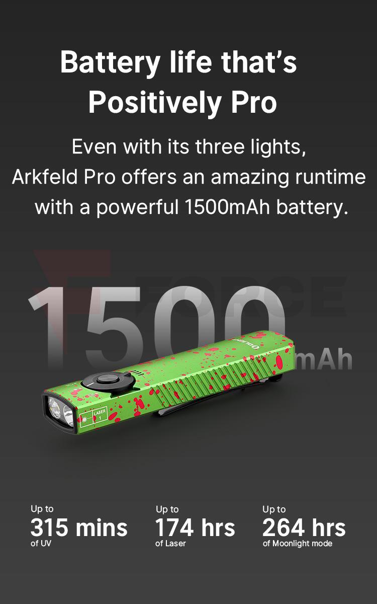 Заряден Фенер Olight Arkfeld Pro 1300 Лумена бяла, UV светлина и Зелен Лазер » Force.BG